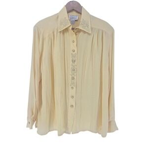 Stephanie Silk Blouse Womens Large Yellow Vintage Embroidered Button Down